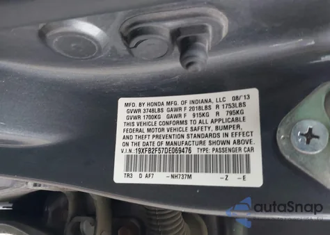 2013 Honda Civic Lx из США, поврежденный, VIN 19XFB2F57DE069476